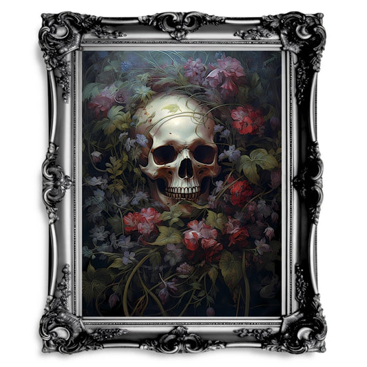 Skull lying in a Bed of Flowers Dark Gothic Wall Art - Everything Pixel