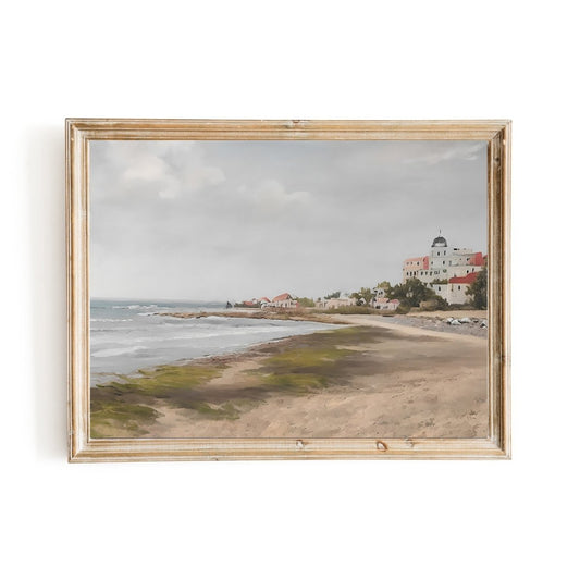 Small mediterranean village at coast vintage coast painting - Everything Pixel