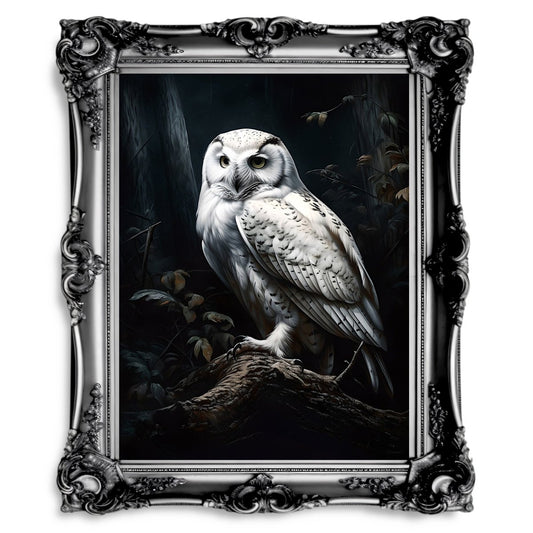 Snow Owl in Dark Forest Hedwig Wall Art Dark Academia Goblincore Victorian Moody Antique Painting Witchy Gothic Cottagecore Decor - Everything Pixel