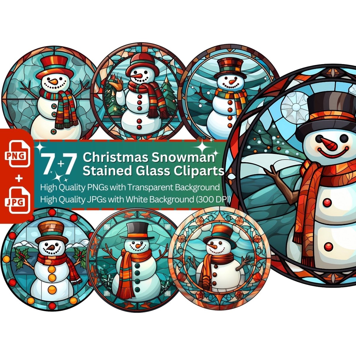 Snowman Stained Glass 7+7 PNG Clip Art Bundle Christmas Decoration - Everything Pixel