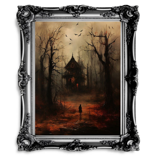 Spooky Autumn Witch Cottage Wall Art Moody Woodland Fairytale Dark Fall Cottagecore Artwork Gothic Painting Witchy Horror Art - Everything Pixel