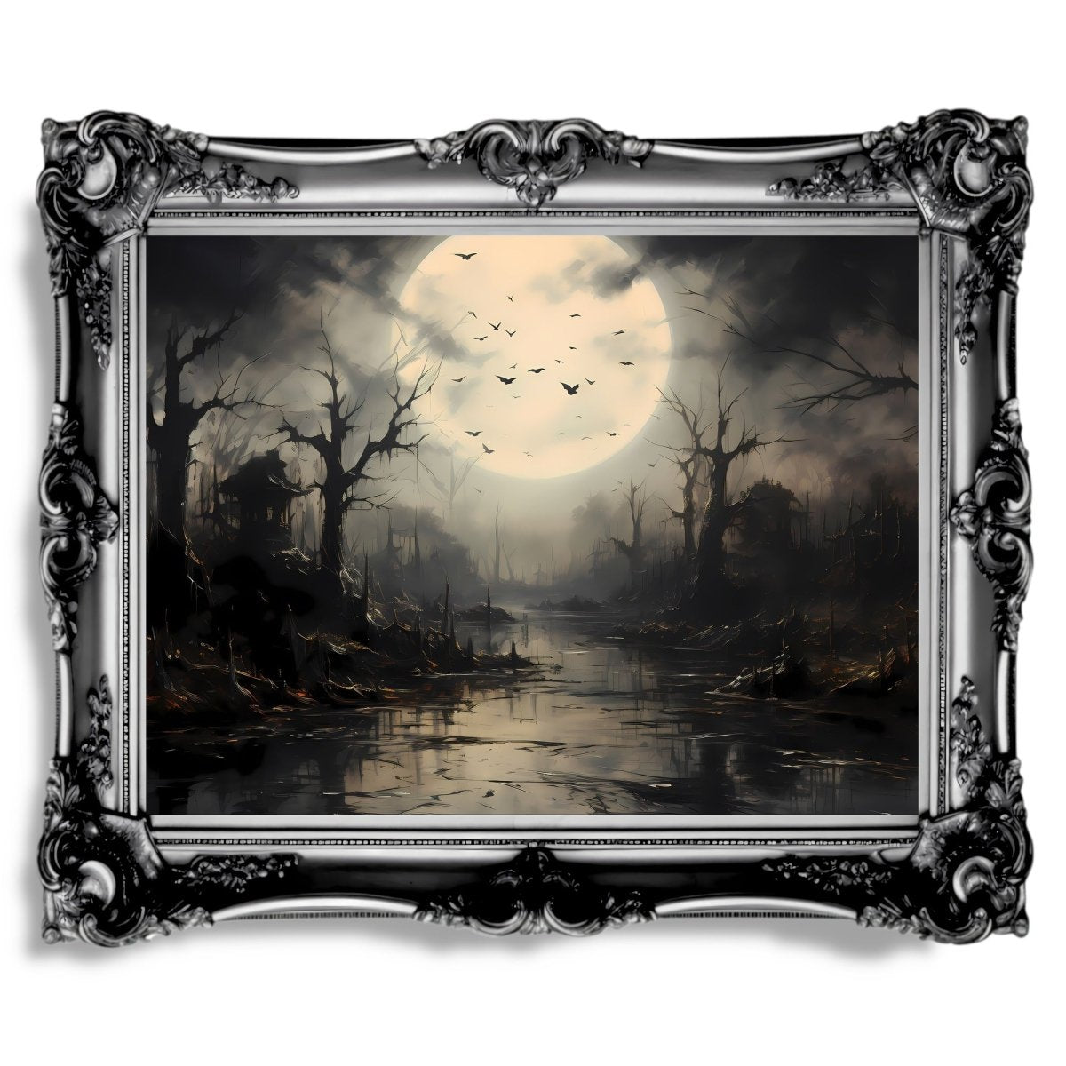 Spooky Swamp at Full Moon Dark Cottagecore Halloween Artwork - Paper Poster Print - Everything Pixel