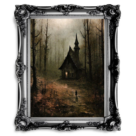 Spooky Witch Cottage Moody Woodland Fairytale Dark Cottagecore - Paper Poster Print - Everything Pixel