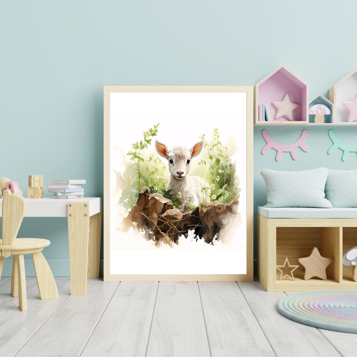 Spring Baby Lamb - Watercolor Nursery Wall Art Print - Everything Pixel