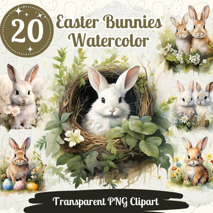 Spring Bunny Cliparts 20 PNG Bundle Pastel Watercolor Easter Bunnies Card Crafting Junk Journal Kit Happy Easter Spring Nursery Graphic - Everything Pixel
