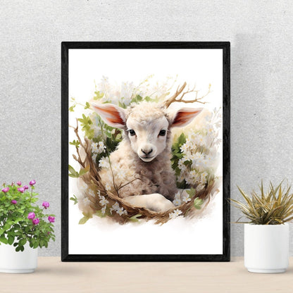 Spring Bush Baby Lamb - Watercolor Nursery Wall Art Print - Everything Pixel