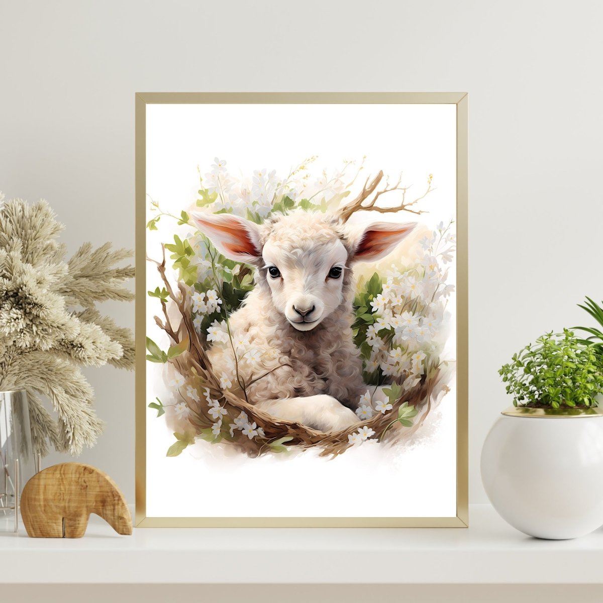 Spring Bush Baby Lamb - Watercolor Nursery Wall Art Print - Everything Pixel