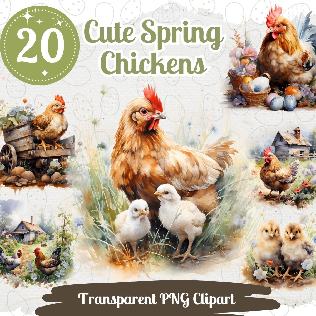 Spring Chicken Watercolor Clipart Bundle - 20 PNGs - Everything Pixel