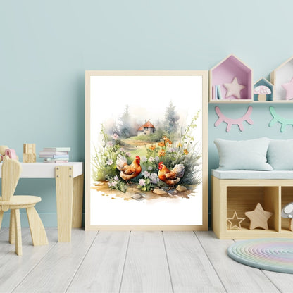 Spring Farm & Chickens - Watercolor Nursery Wall Art Print - Everything Pixel