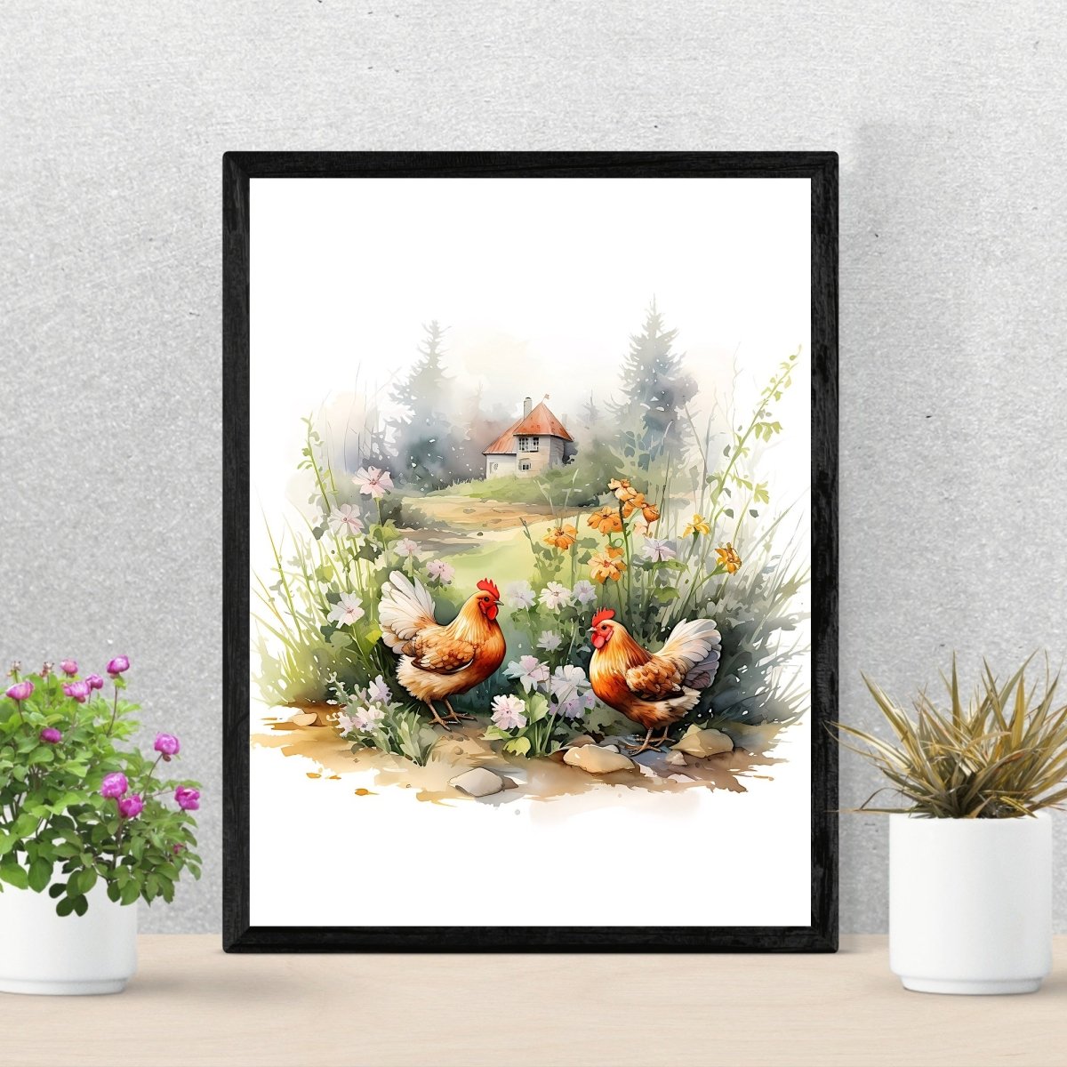 Spring Farm & Chickens - Watercolor Nursery Wall Art Print - Everything Pixel