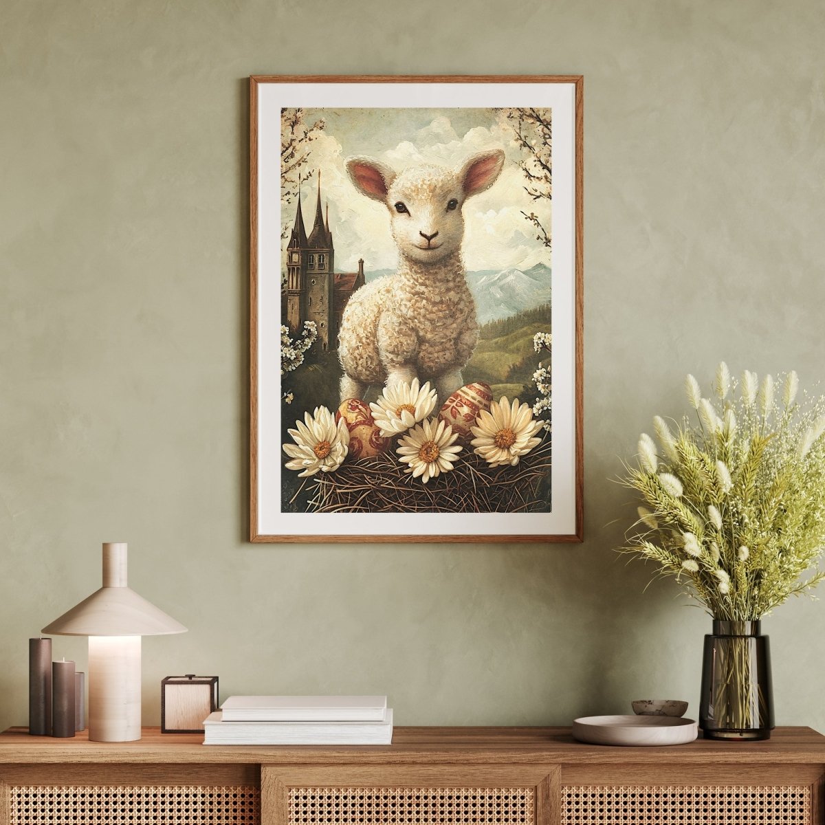Spring Mountain Lamb with Easter Eggs - Vintage Wall Art Print - Everything Pixel