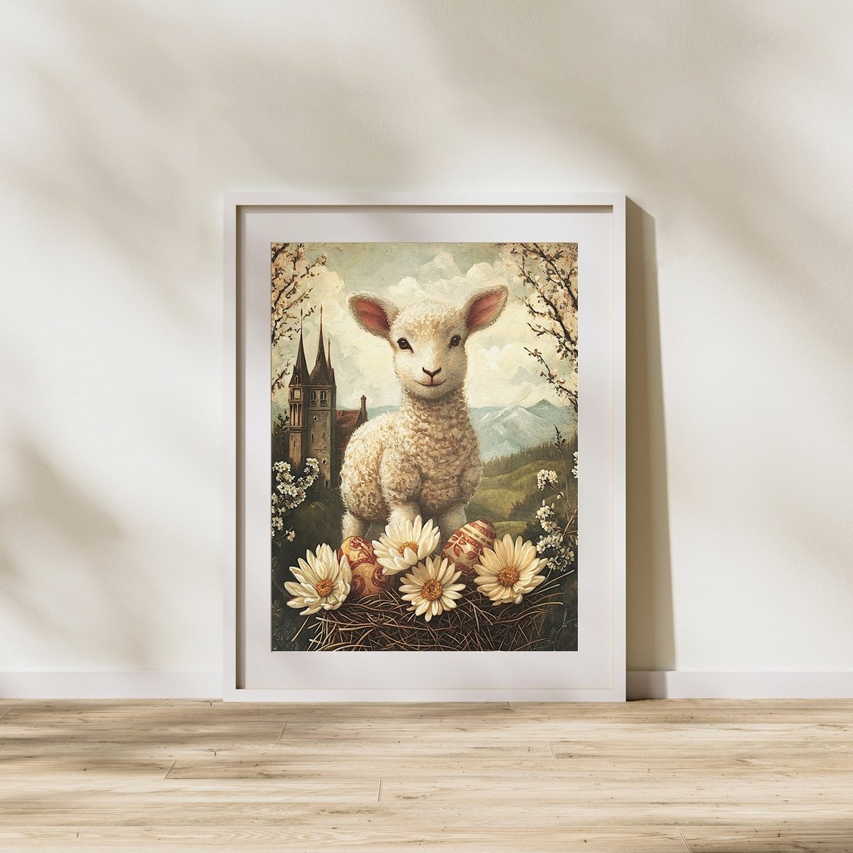 Spring Mountain Lamb with Easter Eggs - Vintage Wall Art Print - Everything Pixel