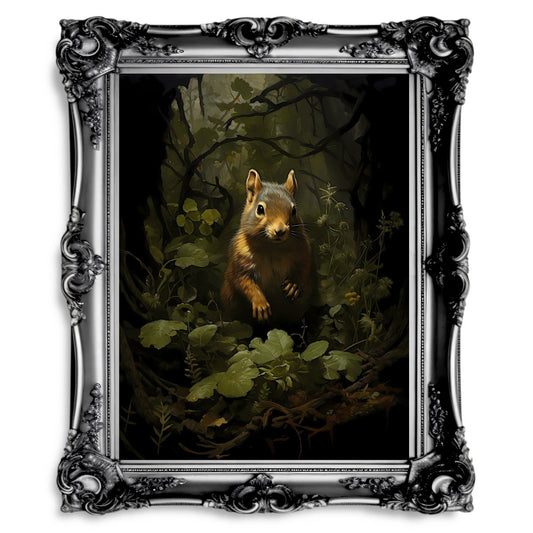 Squirrel in Moody Woodland Dark Cottagecore Vintage Dark Academia Painting - Paper Poster Print - Everything Pixel