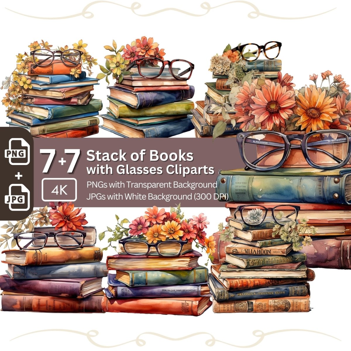 Stack of Books with Reading Glasses and Flower Accents Clipart 7+7 PNG JPG Bundle - Everything Pixel