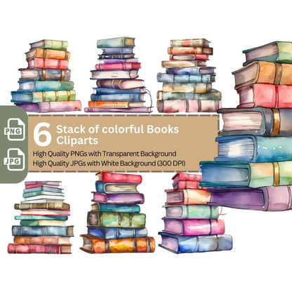Stack of colorful Books Clipart 6+6 High Quality PNGs Bundle - Everything Pixel