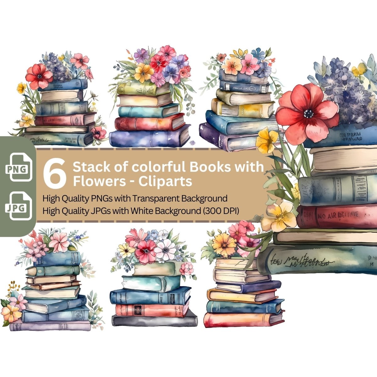 Stack of colorful Books with Flowers Clipart 6+6 High Quality PNGs Bundle - Everything Pixel