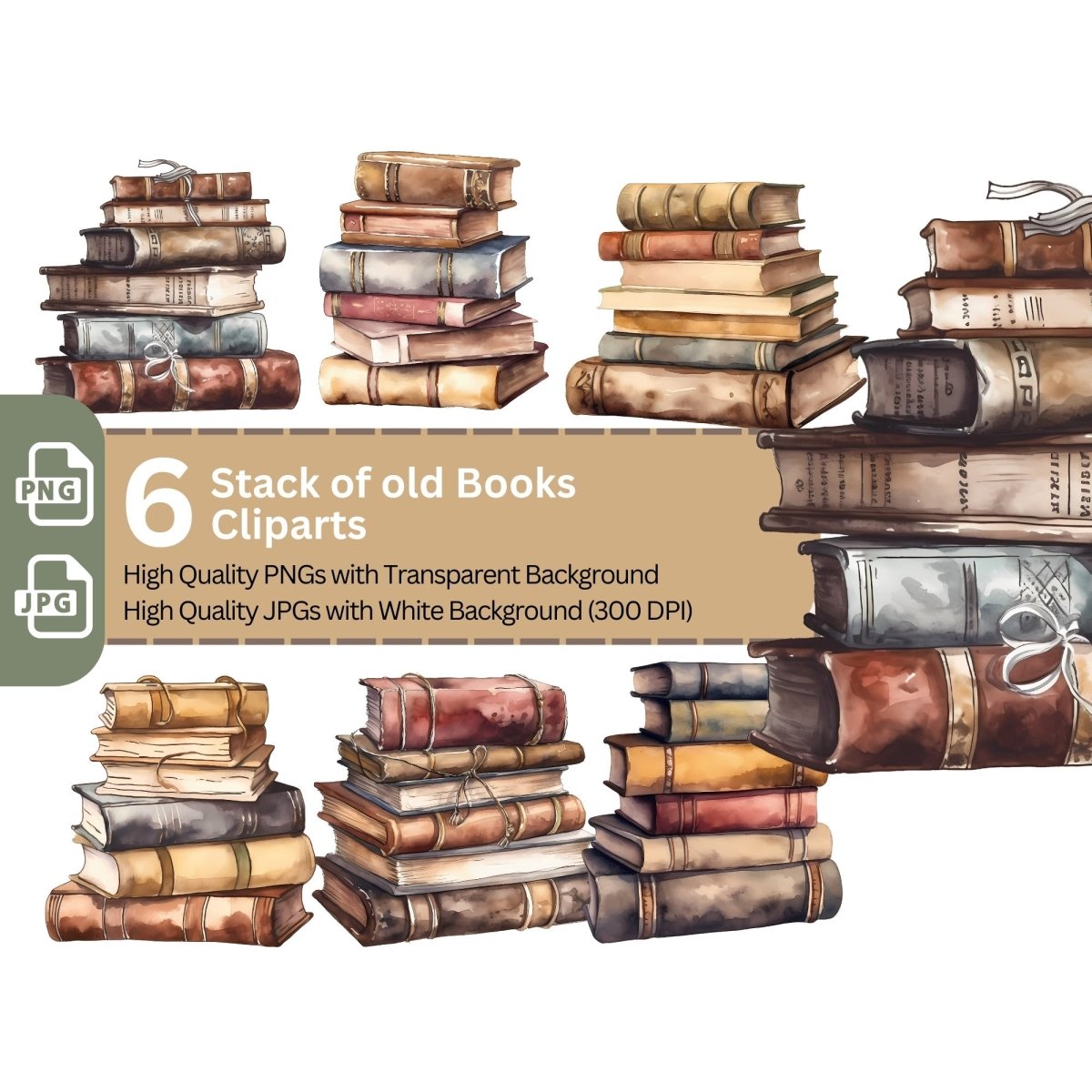 Stack of old Books Clipart 6+6 High Quality PNGs Bundle - Everything Pixel