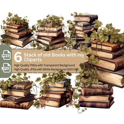 Stack of old Books with Ivy Clipart 6+6 High Quality PNGs Bundle - Everything Pixel