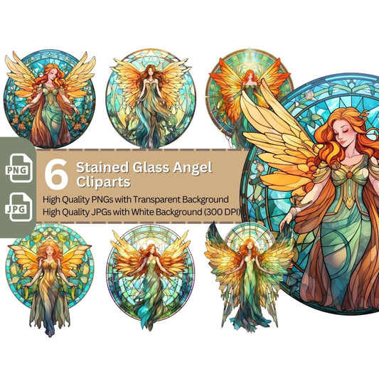 Stained Glass Angels 6+6 PNG Clip Art Bundle Fantasy Azure and Gold Design - Everything Pixel