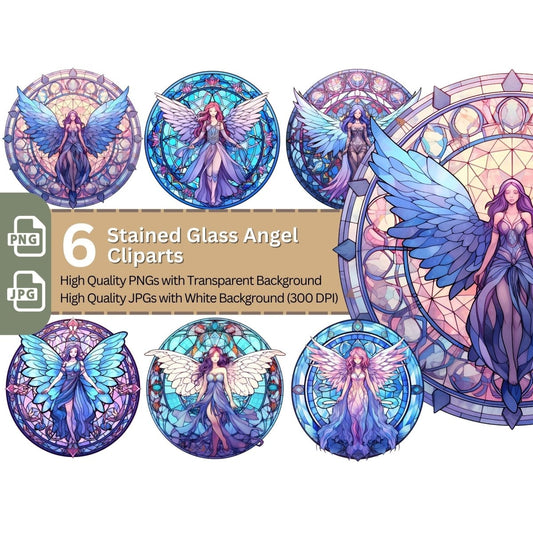 Stained Glass Angels 6+6 PNG Clip Art Bundle Purple and Blue Fairy Design - Everything Pixel