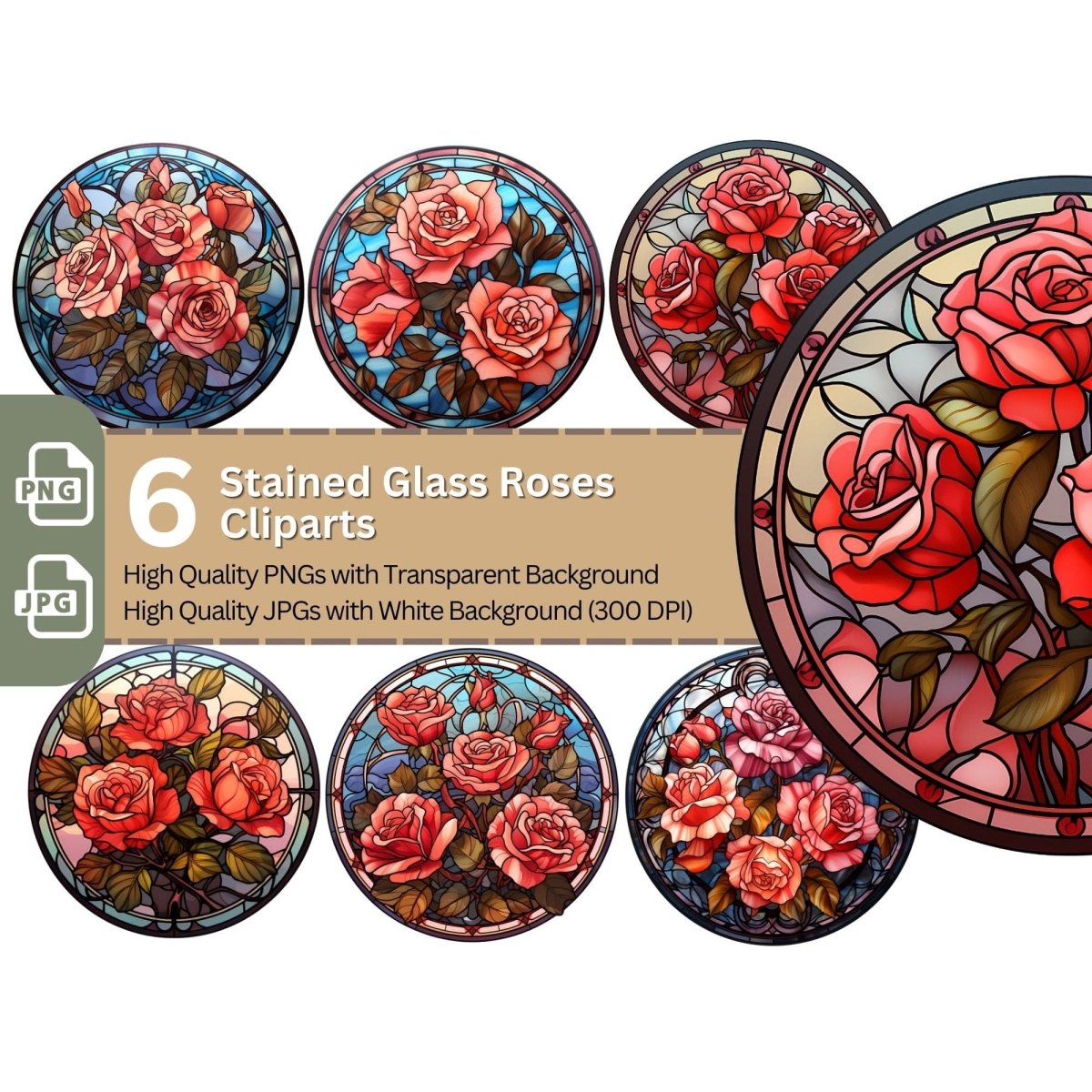 Stained Glass Roses 6+6 PNG Clip Art Bundle Gothic Roses Halloween Design - Everything Pixel