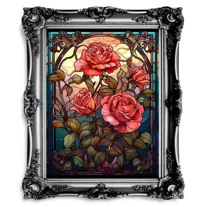 Stained Glass Roses Dark Gothic Artwork Moody Painting Witchy Art - Paper Poster Print - Everything Pixel