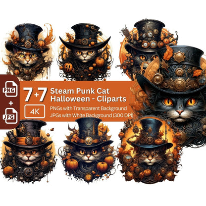 Steam Punk Cat Clipart 7+7 PNG/JPG Bundle Gothic Graphic - Everything Pixel