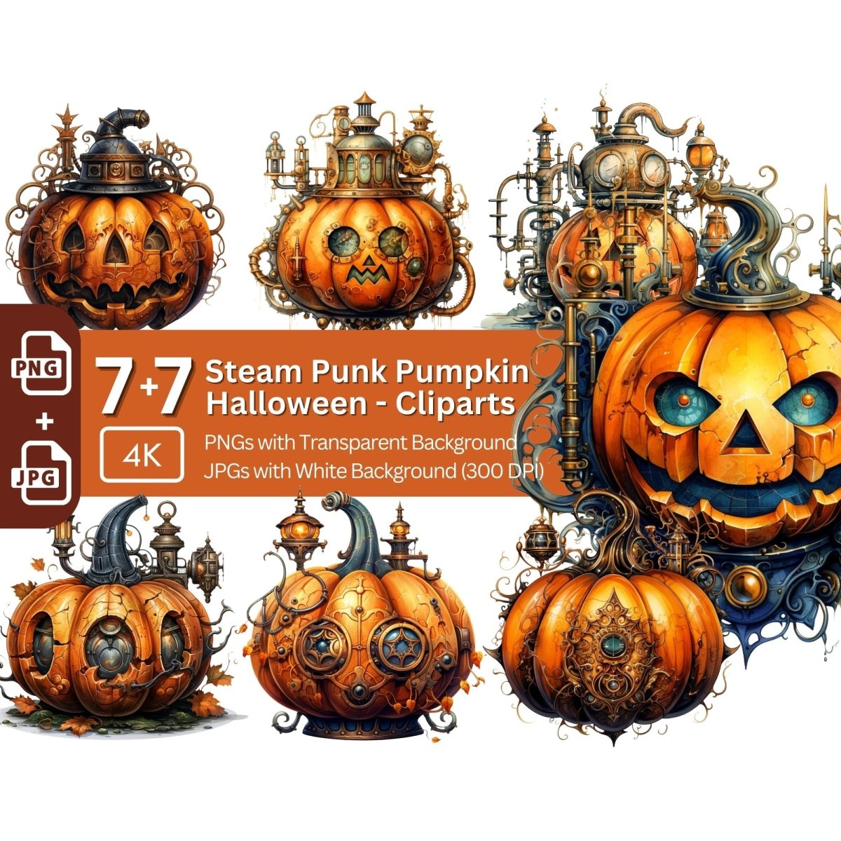 Steam Punk Pumpkin Clipart 7+7 PNG/JPG Bundle Halloween Graphic - Everything Pixel