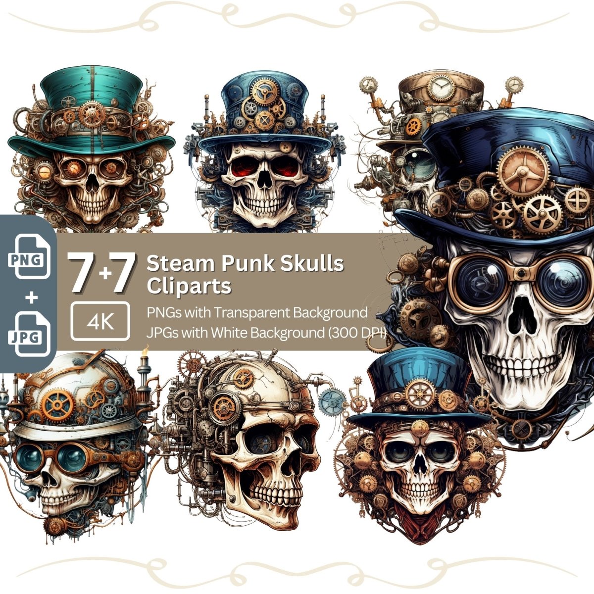 Steam Punk Skulls Clipart 7+7 PNG/JPG Bundle Gothic Graphic - Everything Pixel