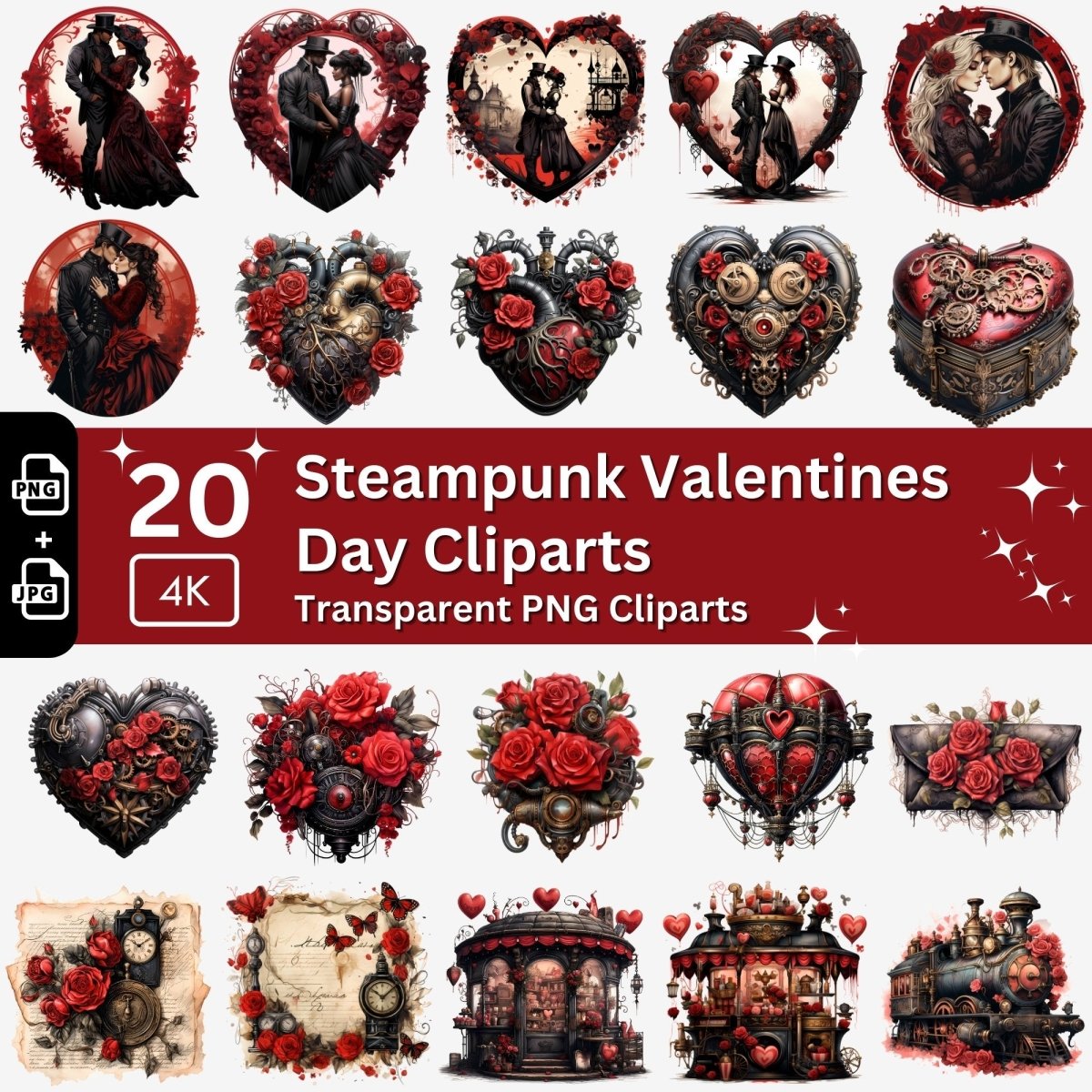 Steampunk Love Cliparts 20 PNG Bundle Romantic Valentines Day Set Gothic Clipart Card Crafting Junk Journal Kit Romantic Couple Graphic - Everything Pixel