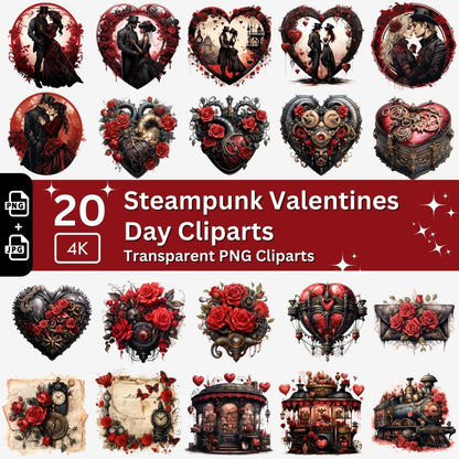 Steampunk Love Cliparts 20 PNG Bundle Romantic Valentines Day Set Gothic Clipart Card Crafting Junk Journal Kit Romantic Couple Graphic - Everything Pixel
