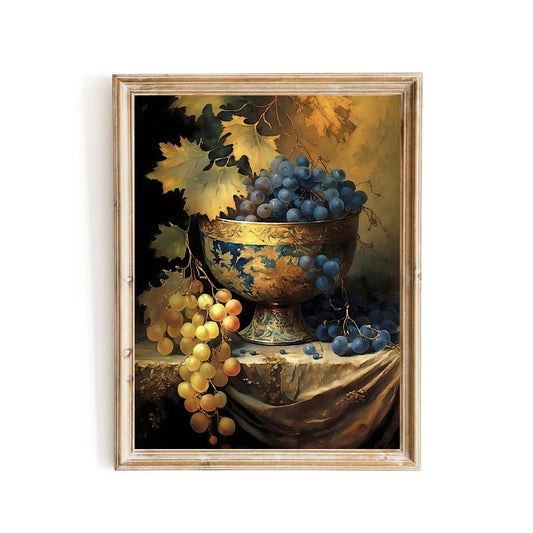 Still Life Painting Grapes Vintage Oil Painting of goblet full with grapes - Everything Pixel