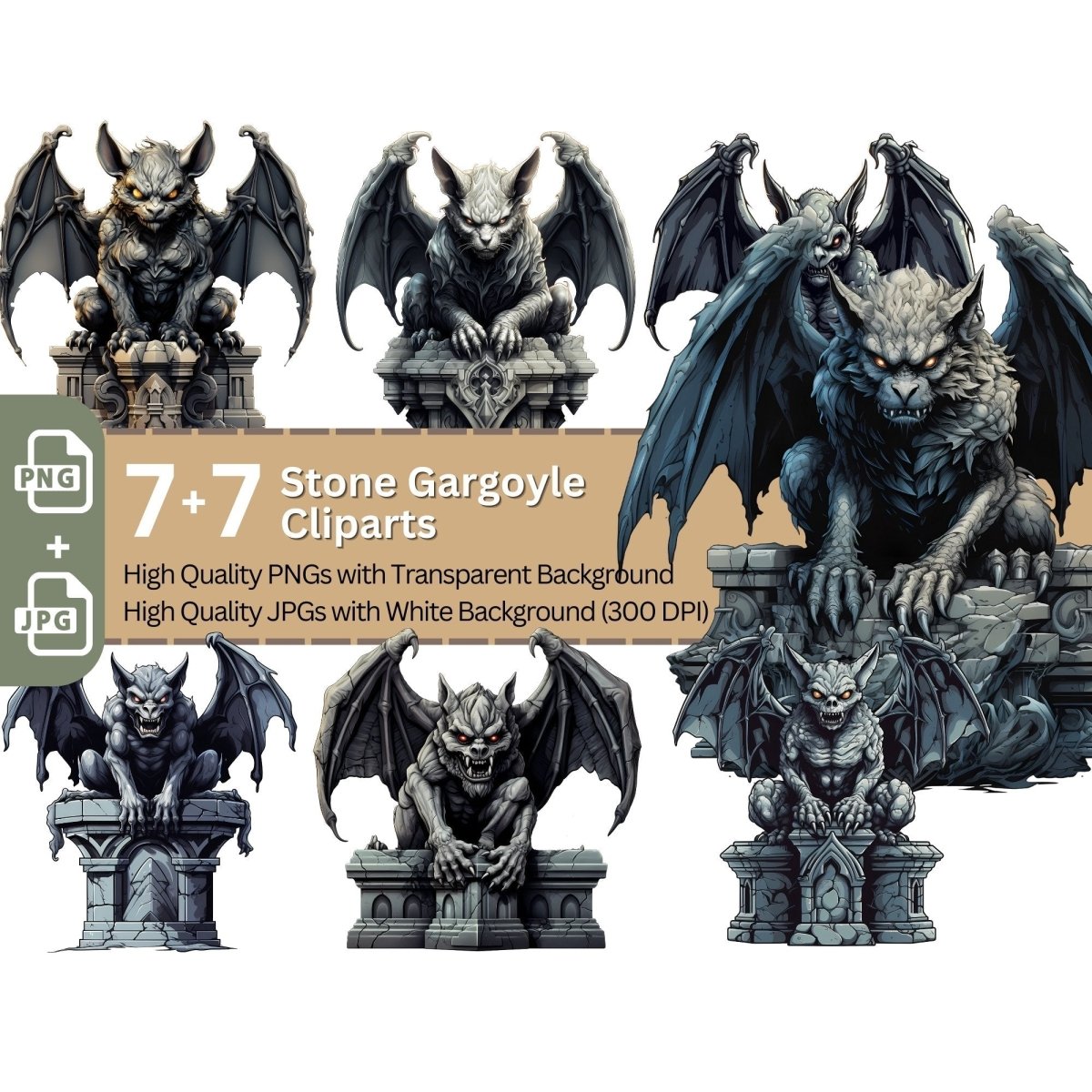 Stone Gargoyle 7+7 PNG Clip Art Bundle Fantasy Winged Creature - Everything Pixel