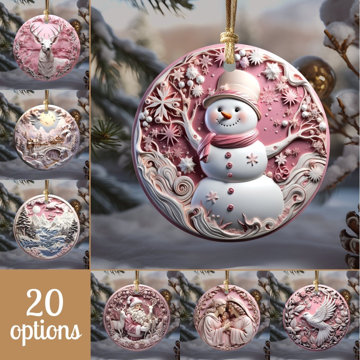Stylish Pink Ornaments Set of 20 Round Ceramic Ornaments Pink 3D Style Print on Ornament (no Relief) Festive Christmas Tree Decoration - Everything Pixel