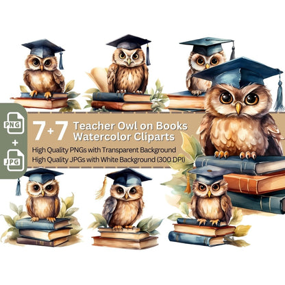 Teacher Owl on Books 7+7 High Quality PNGs Clipart Bundle Watercolor - Everything Pixel