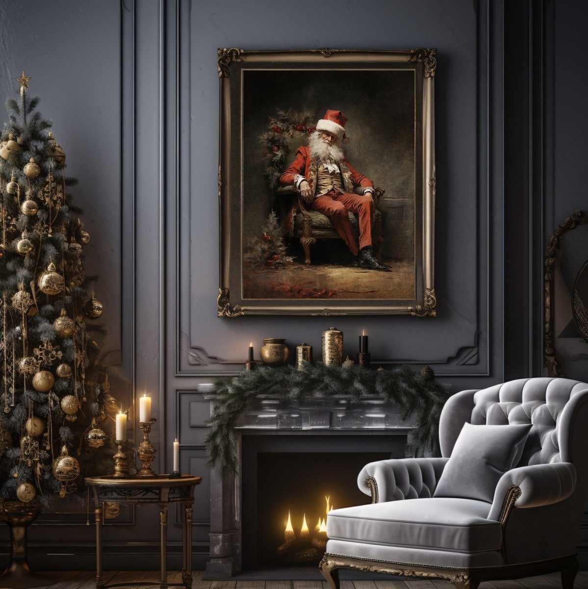 Tired Santa Claus Wall Art Moody Christmas Painting Dark Cottagecore Artwork Gothic Christmas Art Retro Winter Paper Poster Print - Everything Pixel