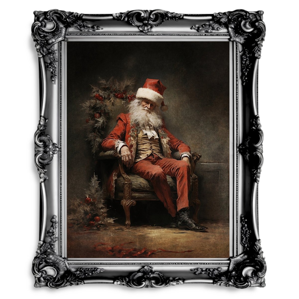 Tired Santa Claus Wall Art Moody Christmas Painting Dark Cottagecore Artwork Gothic Christmas Art Retro Winter Paper Poster Print - Everything Pixel