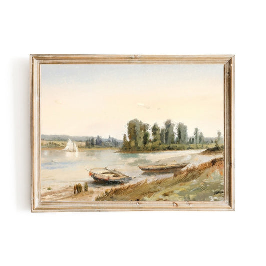 Tranquil Lake Landscape Vintage Wall Art Two Boats on Riverbank, Sailboat - Everything Pixel