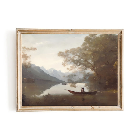 Tranquill lake with a boat Vintage Lake Landscape Oil Painting - Everything Pixel