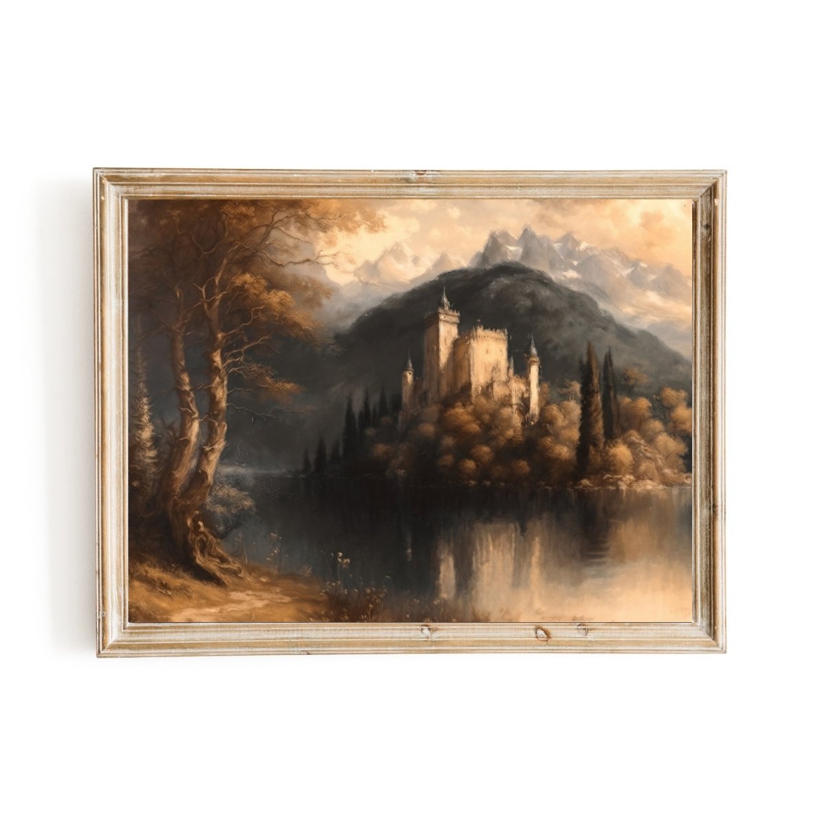 Tranquill lake with a castle on island Vintage Castle Lake Painting - Everything Pixel