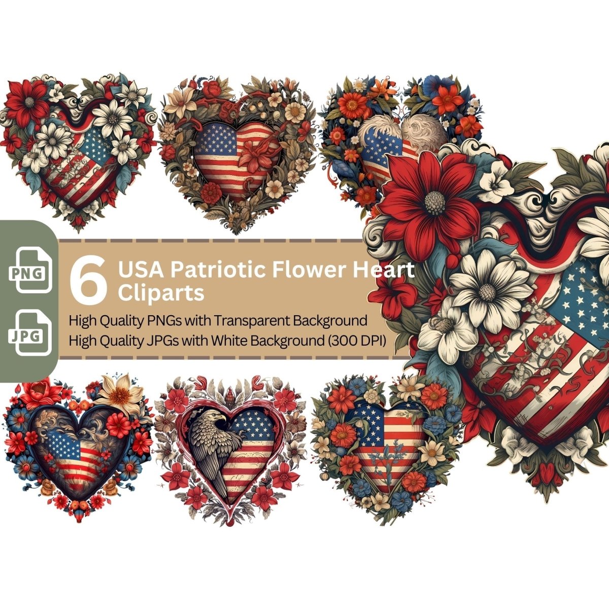 USA Patriotic Flower Heart 6+6 PNG Clip Art Bundle 4th july - Everything Pixel