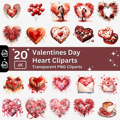 Valentine Heart Cliparts 20 PNG Bundle Romantic Heart Graphic Valentines Day Set Card Crafting Junk Journal Kit Cute Love Images - Everything Pixel