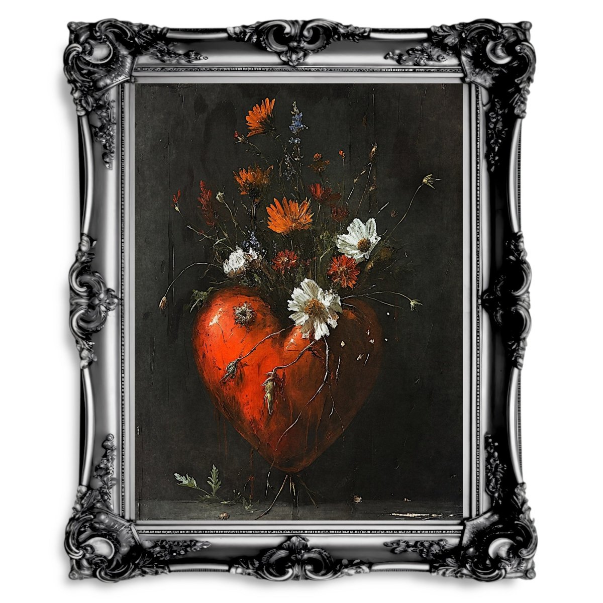 Valentine Wildflowers Wall Art Still Life Oil Painting Heart with Wildflowers Gothic Decor Goblincore Decor Dark Romance Print Paper Poster Print - Everything Pixel