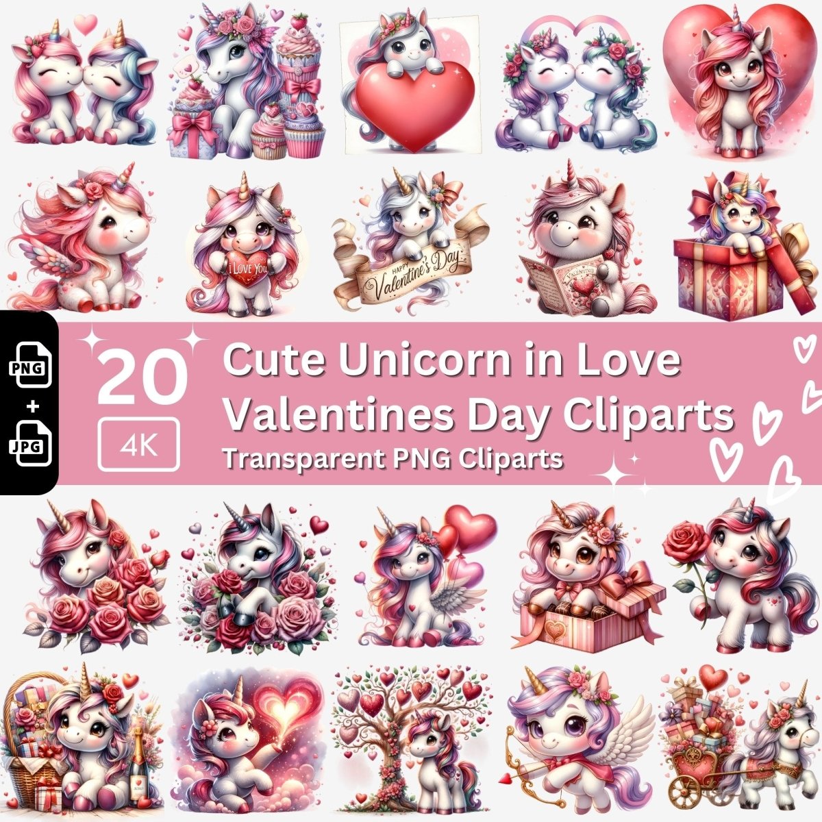 Valentines Unicorn Cliparts 20 PNG Bundle Cute Valentines Day Set Card Crafting Junk Journal Kit for Classrooms Romantic Sweet Unicorns - Everything Pixel