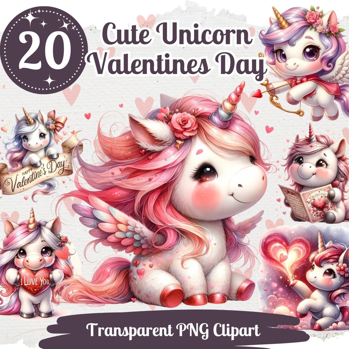 Valentines Unicorn Cliparts 20 PNG Bundle Cute Valentines Day Set Card Crafting Junk Journal Kit for Classrooms Romantic Sweet Unicorns - Everything Pixel
