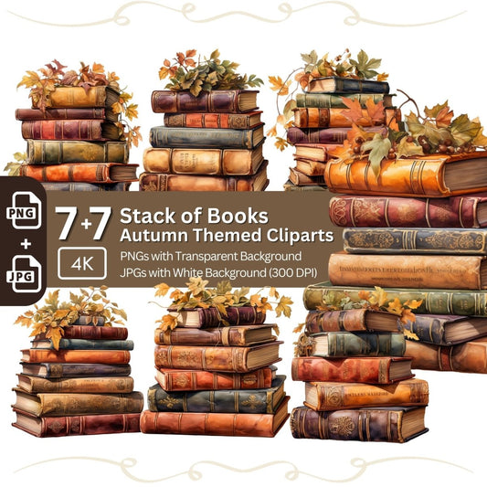 Vibrant Autumn Book Stacks Clipart 7+7 PNG JPG Bundle - Everything Pixel