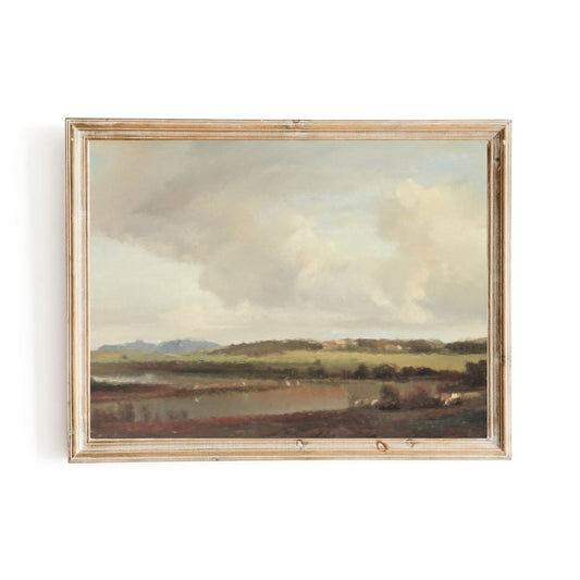 Vintage Irish Landscape Wall Art with Heather Lake and Rolling Hills in Soft Colors - Everything Pixel
