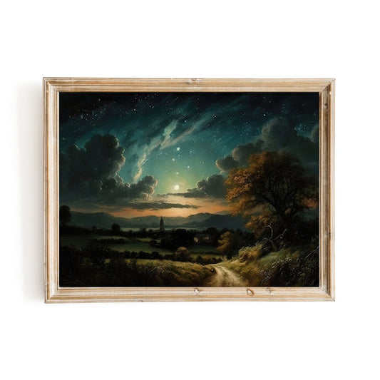 Vintage Star Gazing Nightsky Wall Art Village at full moon with star night sky - Everything Pixel