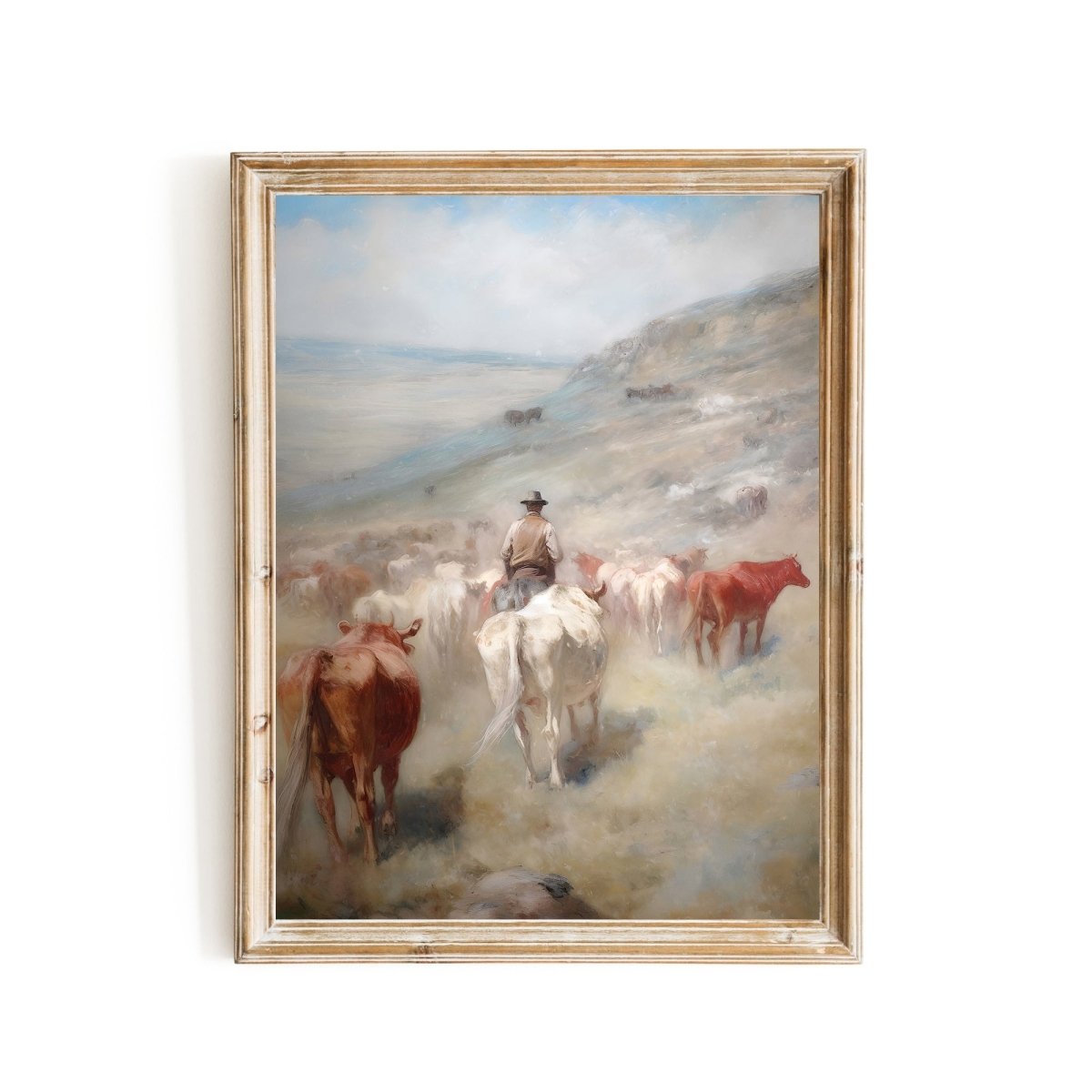 Vintage Wild West Wall Art Cowboy Tending Cattle Herd Down into Valley - Everything Pixel