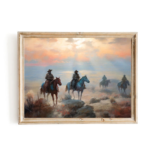 Vintage Wild West Wall Art Four Outlaws Riding Horses in Californian Desert Sunset - Everything Pixel